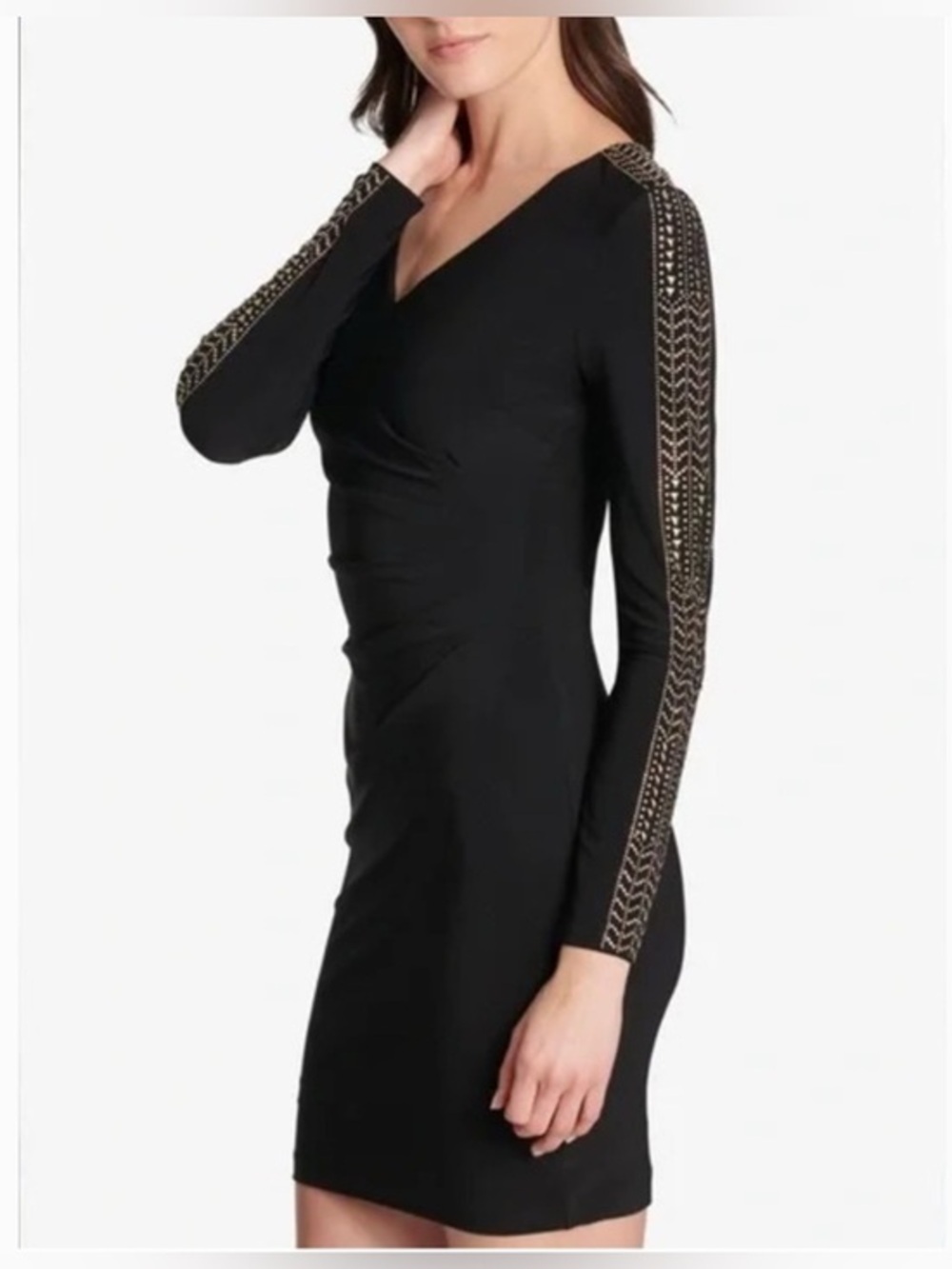 Guess Black Long-Sleeve Ruched Dress with Gold Studded Sleeve Trim